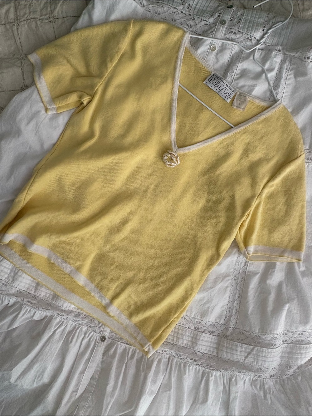 Saks Fifth Avenue Yellow V-Neck Short Sleeve Knit Top with White Trim